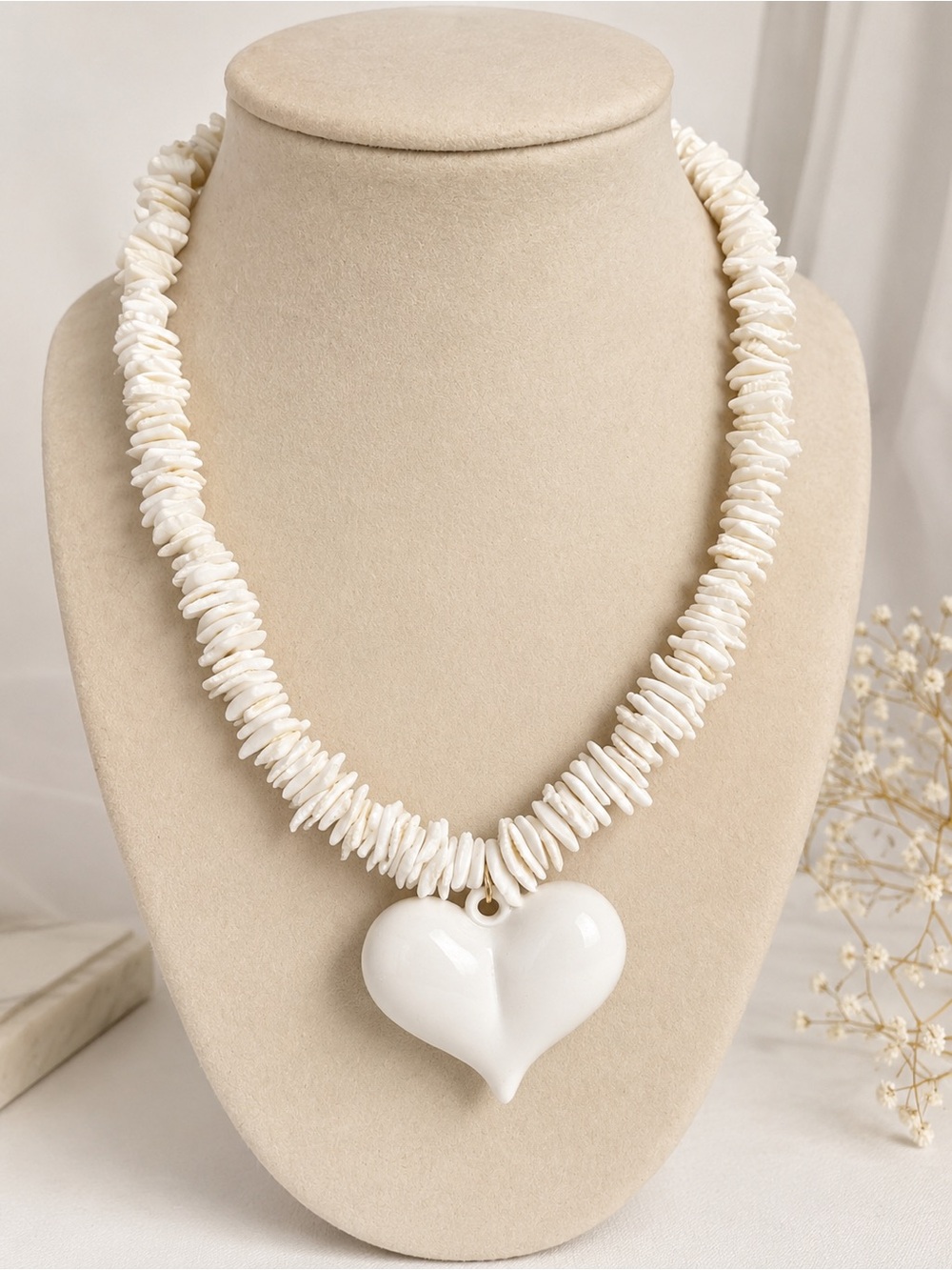 White Heart Pendant Shell Necklace - Women's Jewelry